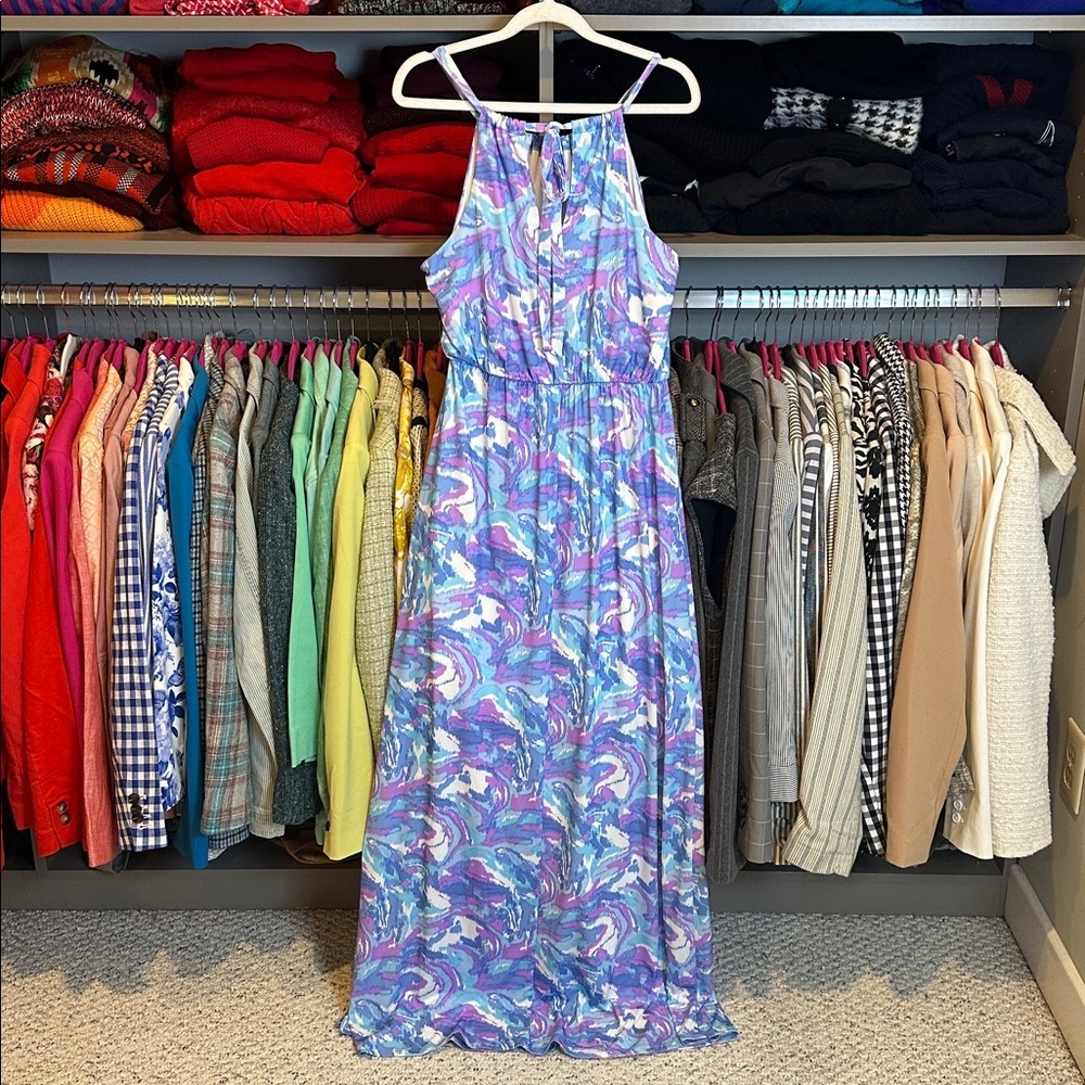 Gilli blue/purple/white print sleeveless elastic waistband maxi dress size S - Picture 3 of 3